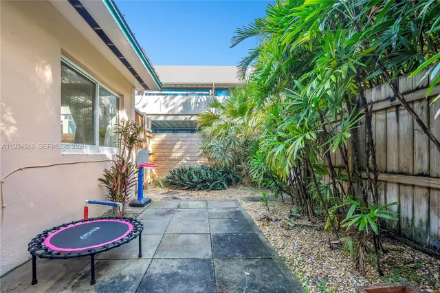 a backyard of a house with table and chairs