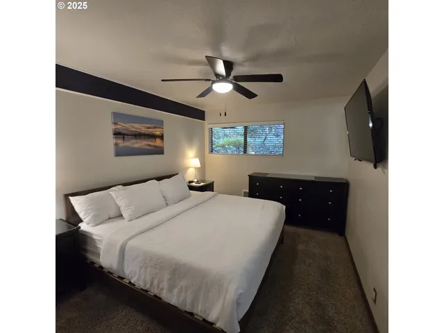 a bedroom with a bed and a flat screen tv