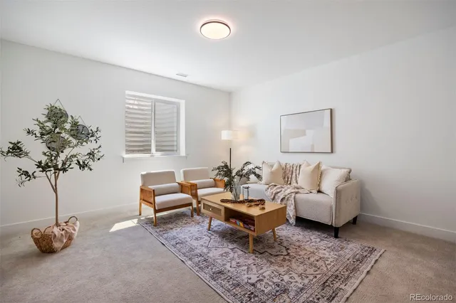 a living room with furniture potted plant and a window