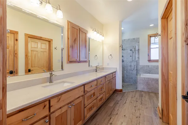 a bathroom with a double vanity sink a mirror and a shower