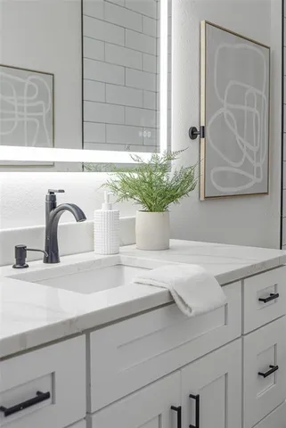 a close view of sink and cabinets