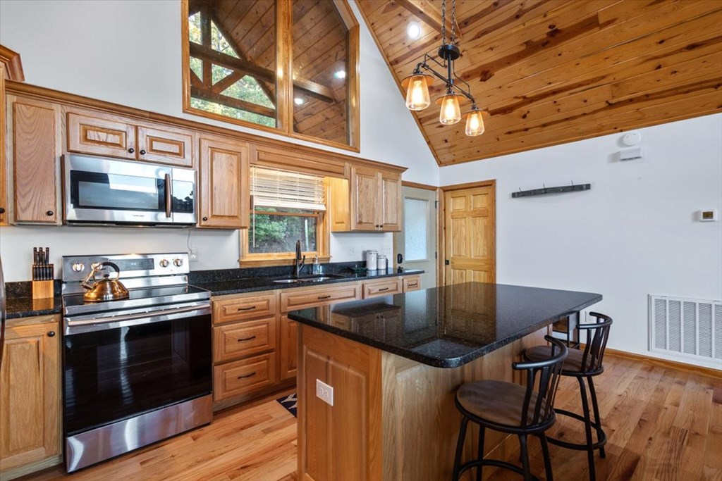 190 Regency Drive Murphy, NC 28906 - Photo 22 of 42 a kitchen with stainless steel appliances granite countertop a stove a sink dishwasher and a microwave oven with cabinets