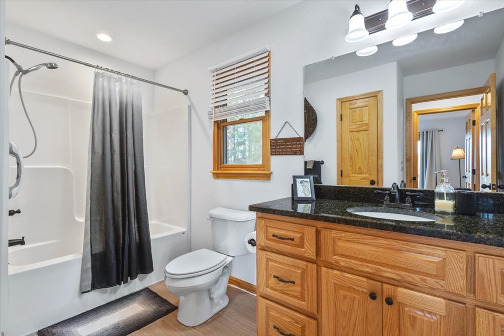 190 Regency Drive Murphy, NC 28906 - Photo 39 of 42 a bathroom with a granite countertop sink toilet a large mirror a shower and a bathtub