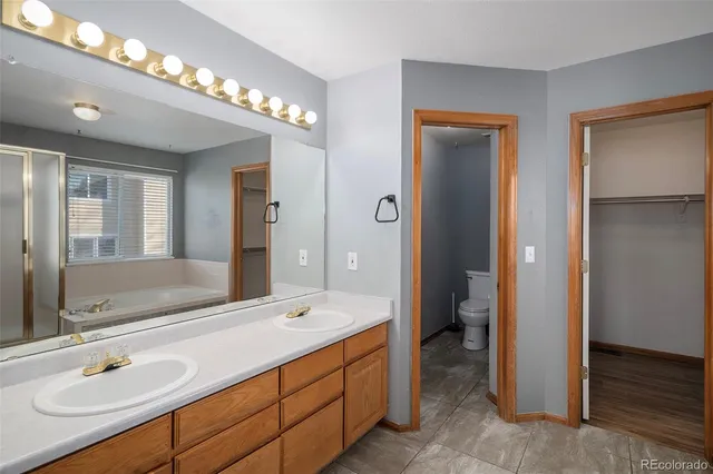 a bathroom with a tub a double vanity sink and a mirror