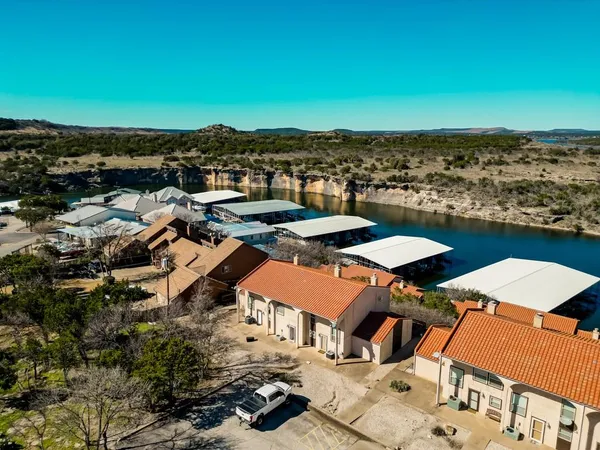 an aerial view of a patio