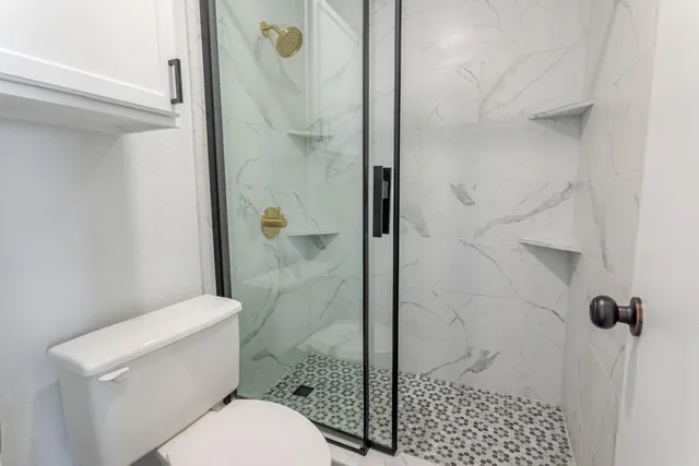 a bathroom with a toilet and a shower