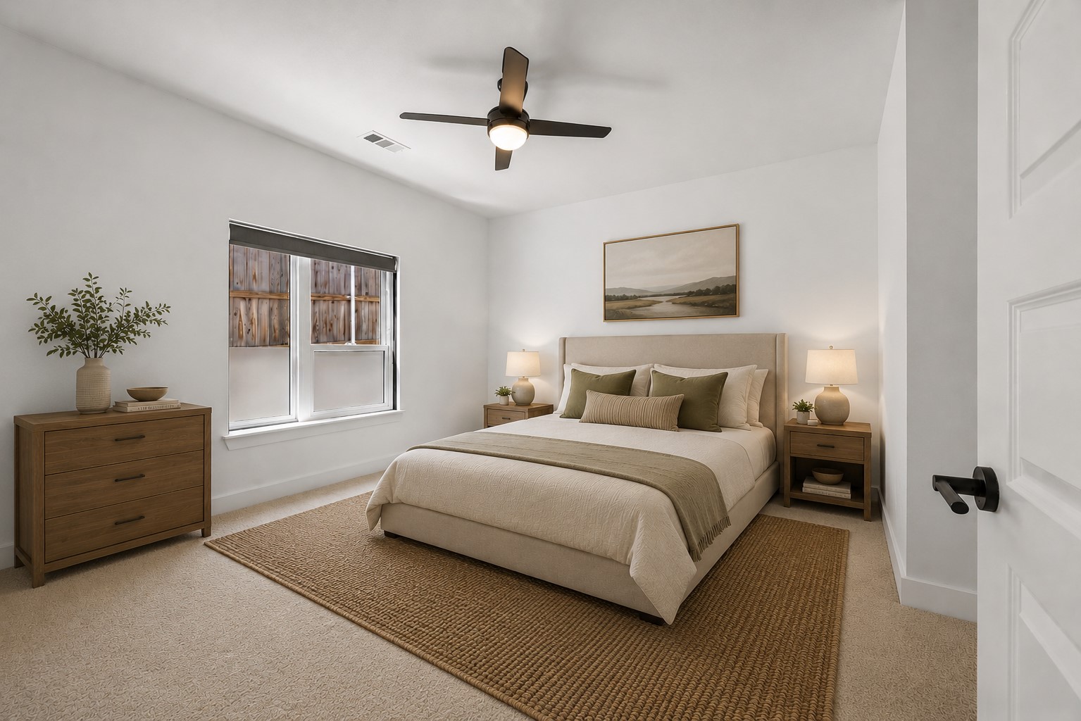 2220 Webberville Road, Unit 216 Austin, TX 78702 - Photo 17 of 26 Virtually Staged - Bedroom featuring light-colored carpeting, a contemporary ceiling fan, and a double-pane window with a roller shade