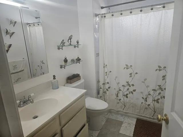 a bathroom with a sink a toilet and shower curtain