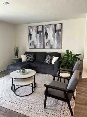 a living room with furniture a rug and a wall painting