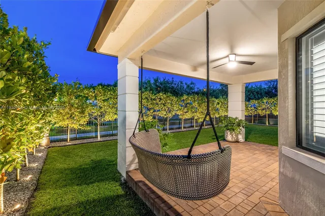 a garden view with a seating space