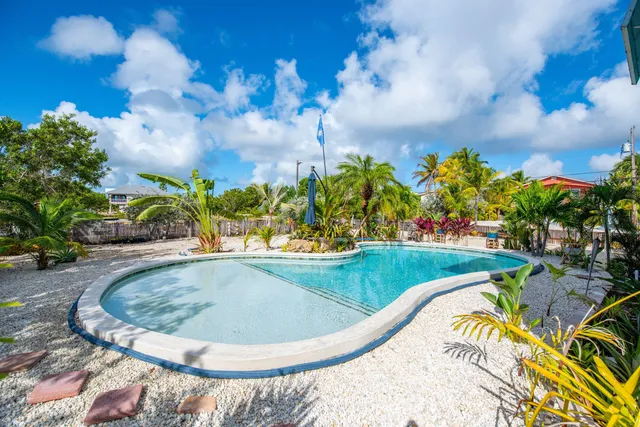 a view of a swimming pool with a yard