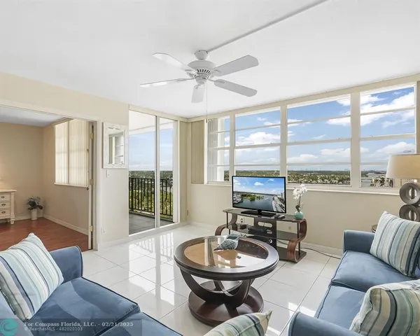 a living room with furniture and a large window