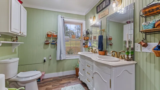 a bathroom with a sink vanity mirror and toilet
