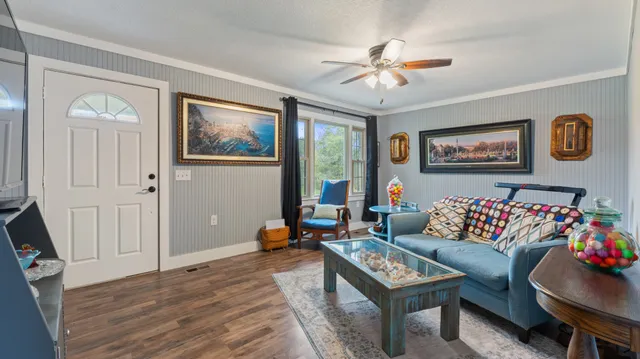 a living room with furniture and a potted plant