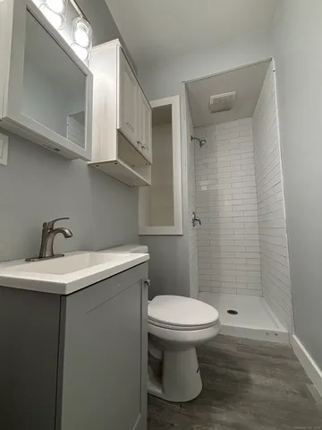 a bathroom with a sink a toilet and shower