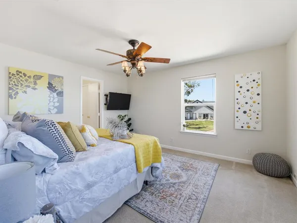 a bed room with a bed a couch and a potted plant