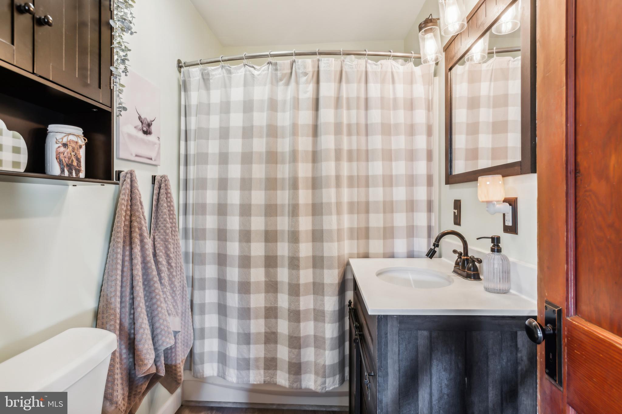623 Salem Fort Elfsborg Road Salem, NJ 08079 - Photo 13 of 25 a bathroom with a sink a mirror and shower curtain