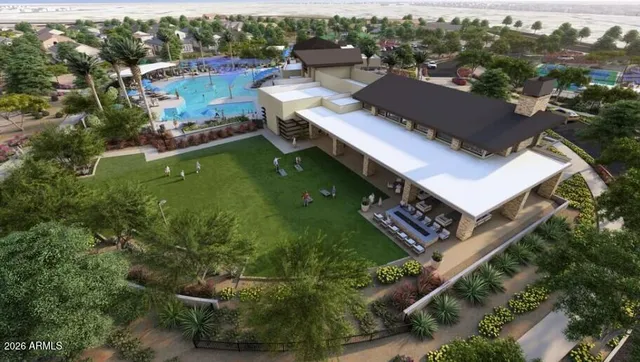 an aerial view of a house with a garden