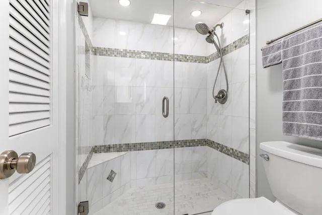 a bathroom with a shower and a toilet