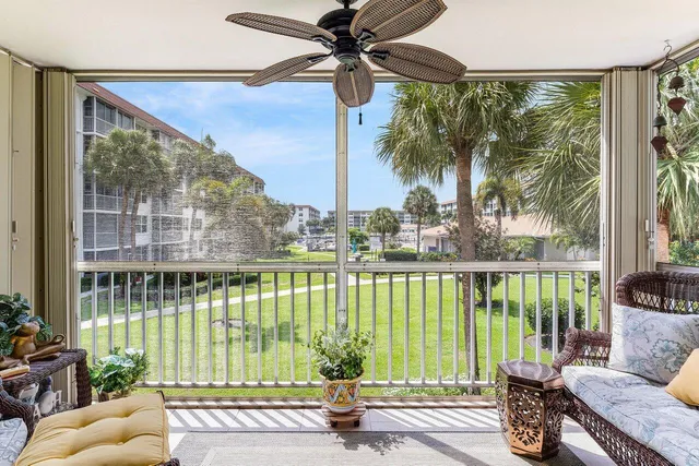 a building outdoor space with seating area