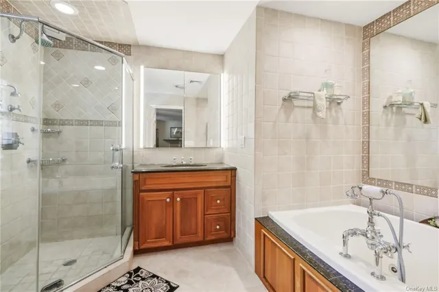 a bathroom with a bathtub sink vanity and mirror