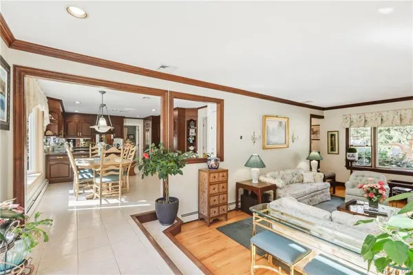 a living room with furniture and potted plants