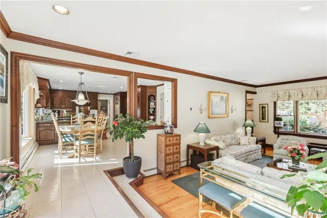 a living room with furniture and potted plants