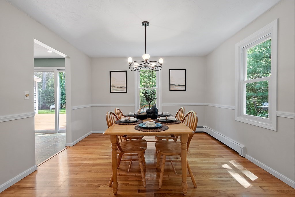 5 Thicket Circle Stow, MA 01775 - Photo 11 of 37 a dining room with furniture a chandelier and wooden floor