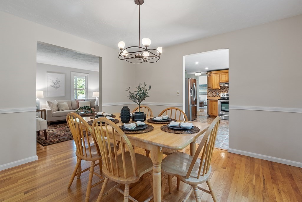 5 Thicket Circle Stow, MA 01775 - Photo 12 of 37 a view of a dining room with furniture a chandelier and wooden floor