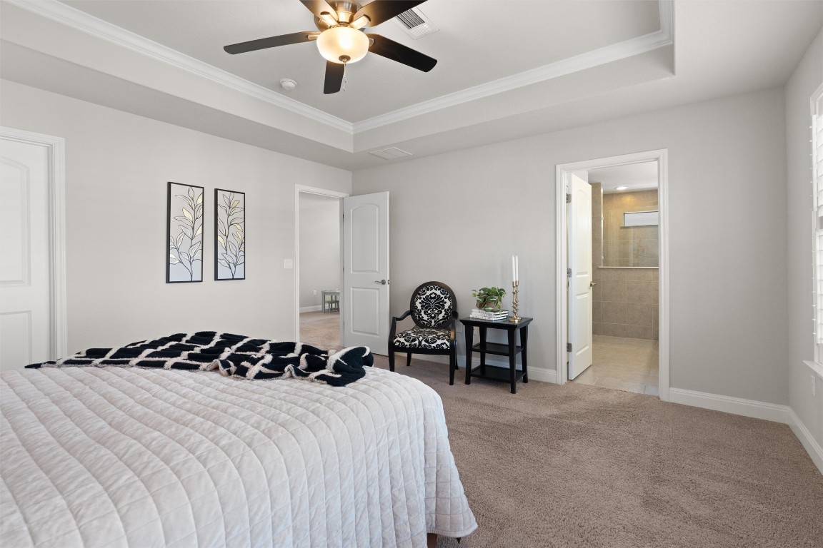 10502 Turnbull Loop, Unit 41 Austin, TX 78717 - Photo 15 of 29 Bedroom featuring ceiling fan, carpet floors, crown molding, ensuite bath, and a tray ceiling