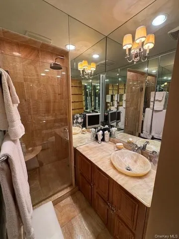 a bathroom with a sink mirror and a shower
