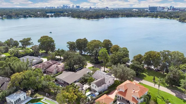 a view of a lake in middle of the town