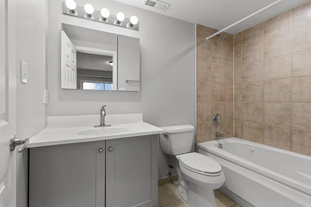 a bathroom with a toilet a sink a mirror a bathtub and vanity