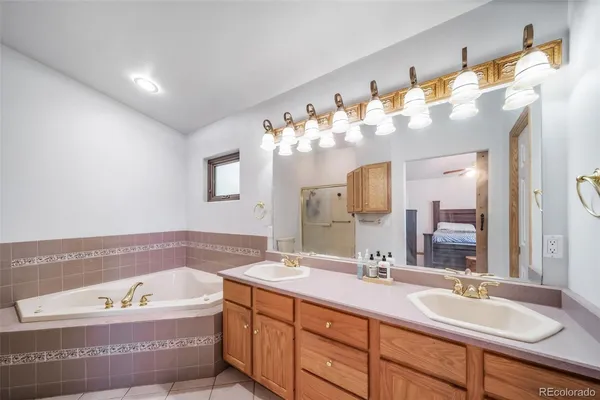 a bathroom with a sink a large mirror and a bathtub