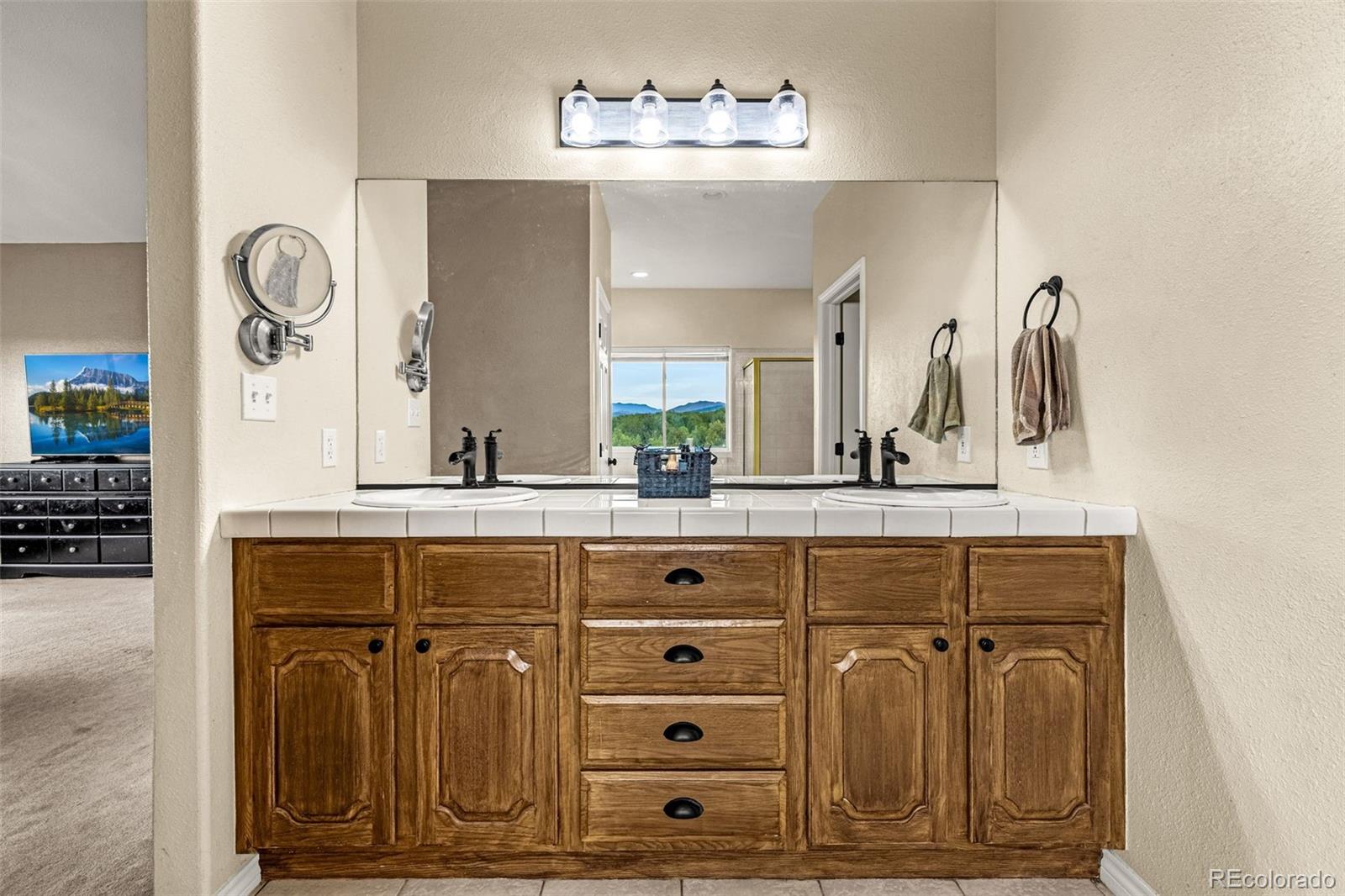 3115 Canyon Heights Road Pueblo, CO 81005 - Photo 29 of 44 a bathroom with a sink vanity and a mirror