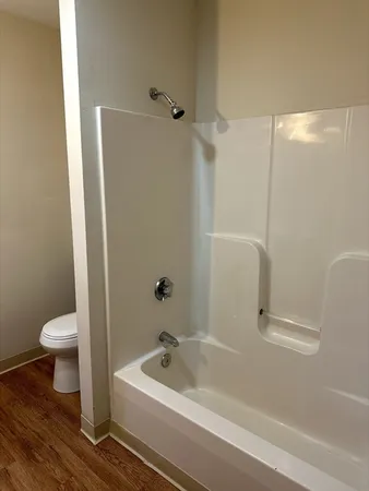 a bath room with a toilet and a bath tub