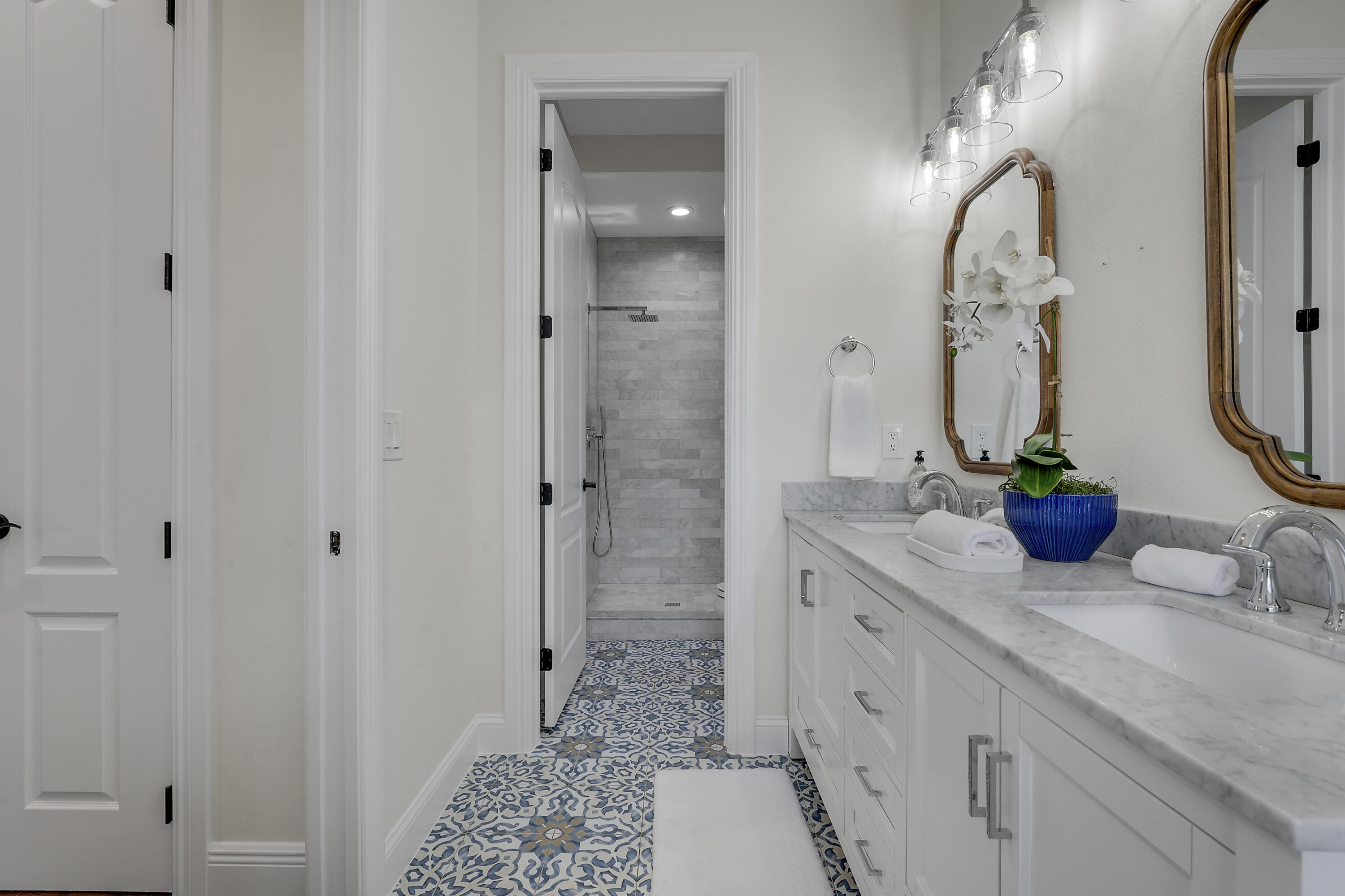 112 Spikerush Road Jupiter, FL 33458 - Photo 29 of 49 a bathroom with a granite countertop sink a potted plant and a shower