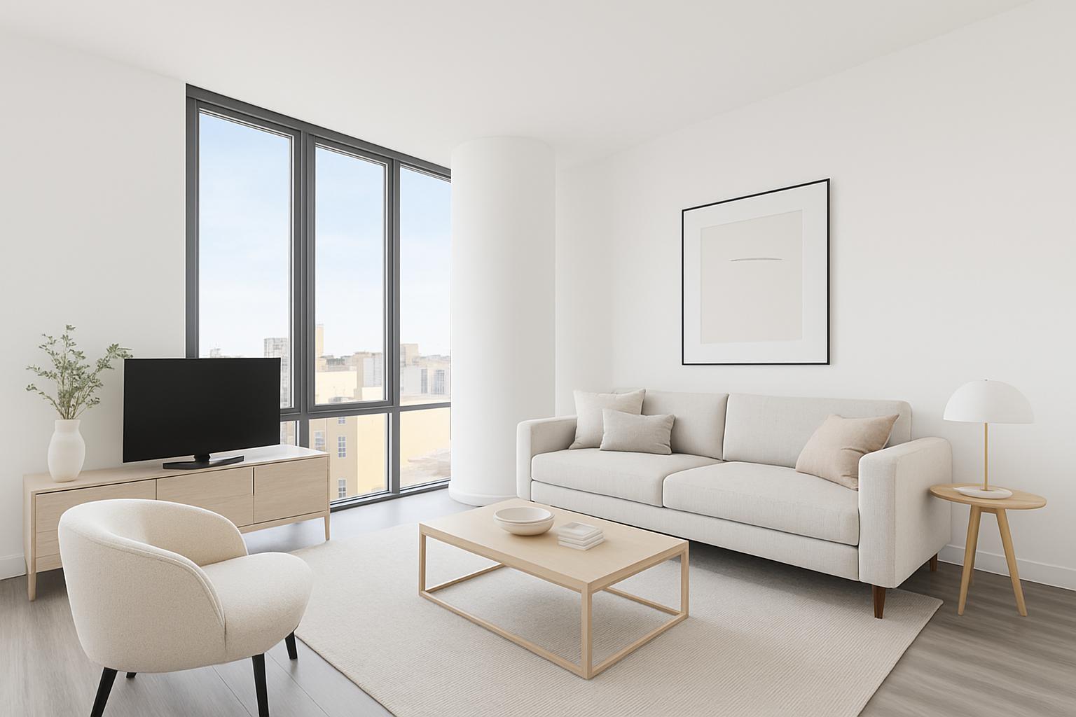 a living room with furniture a flat screen tv and a window