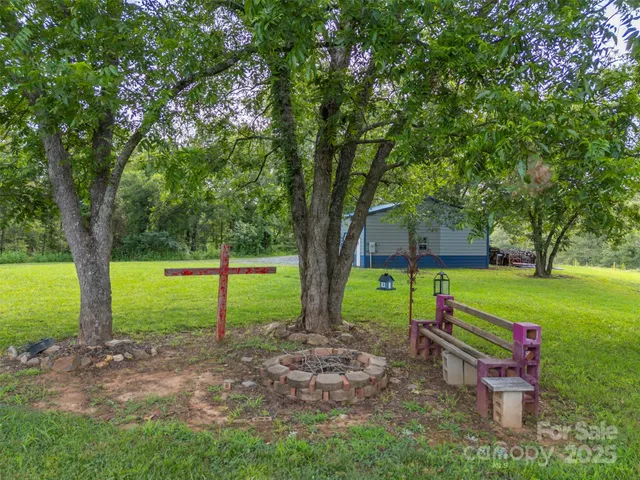 a view of a park with large trees