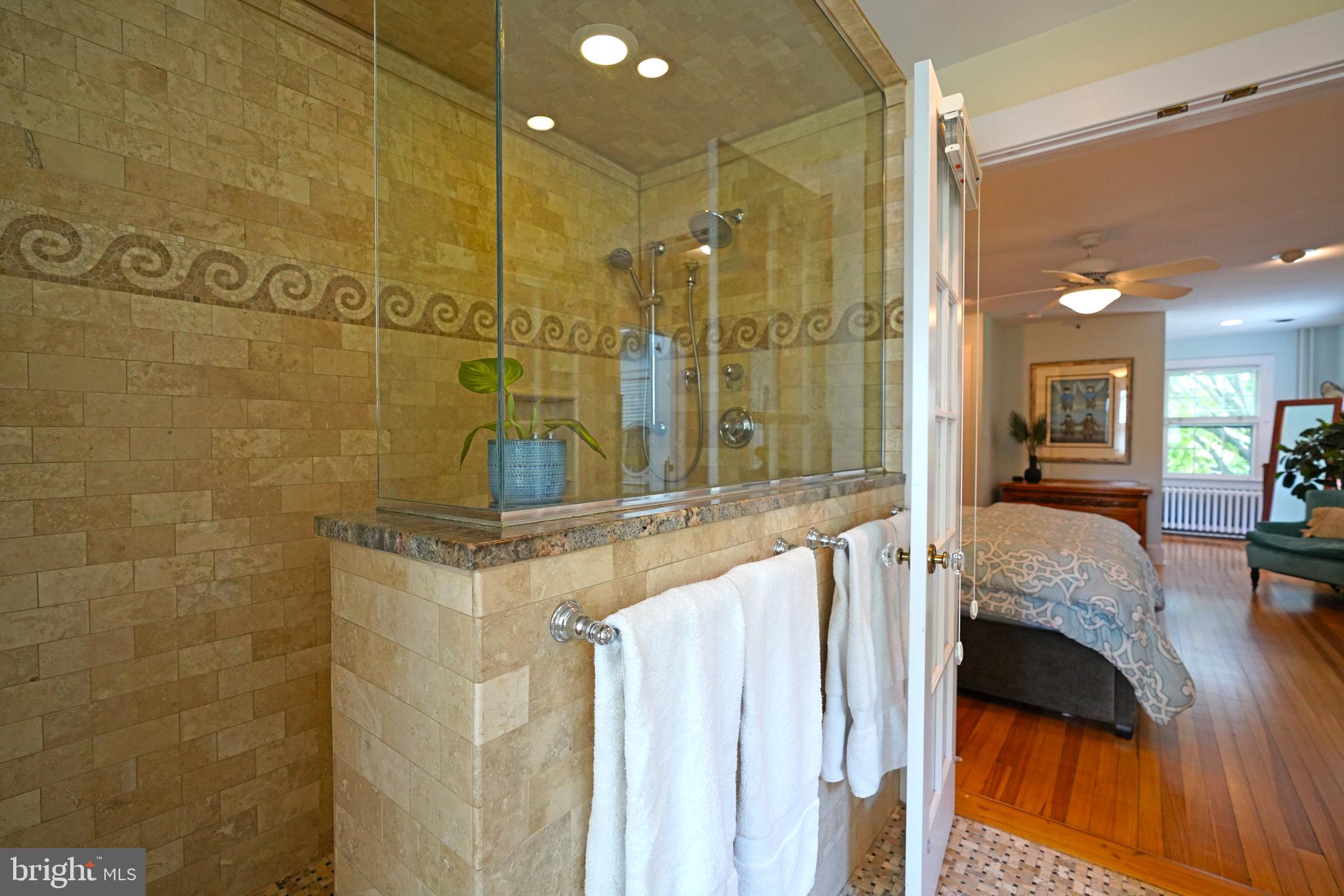 240 2nd Street Lewes, DE 19958 - Photo 51 of 90 a spacious bathroom with a granite countertop shower a sink and a mirror