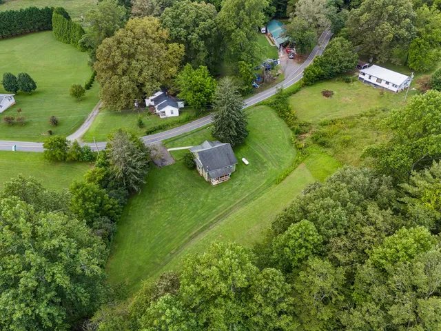 an aerial view of green landscape with trees houses and mountain view