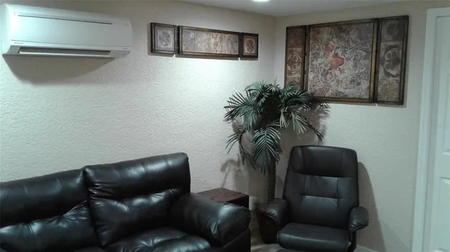 a living room with furniture and a potted plant