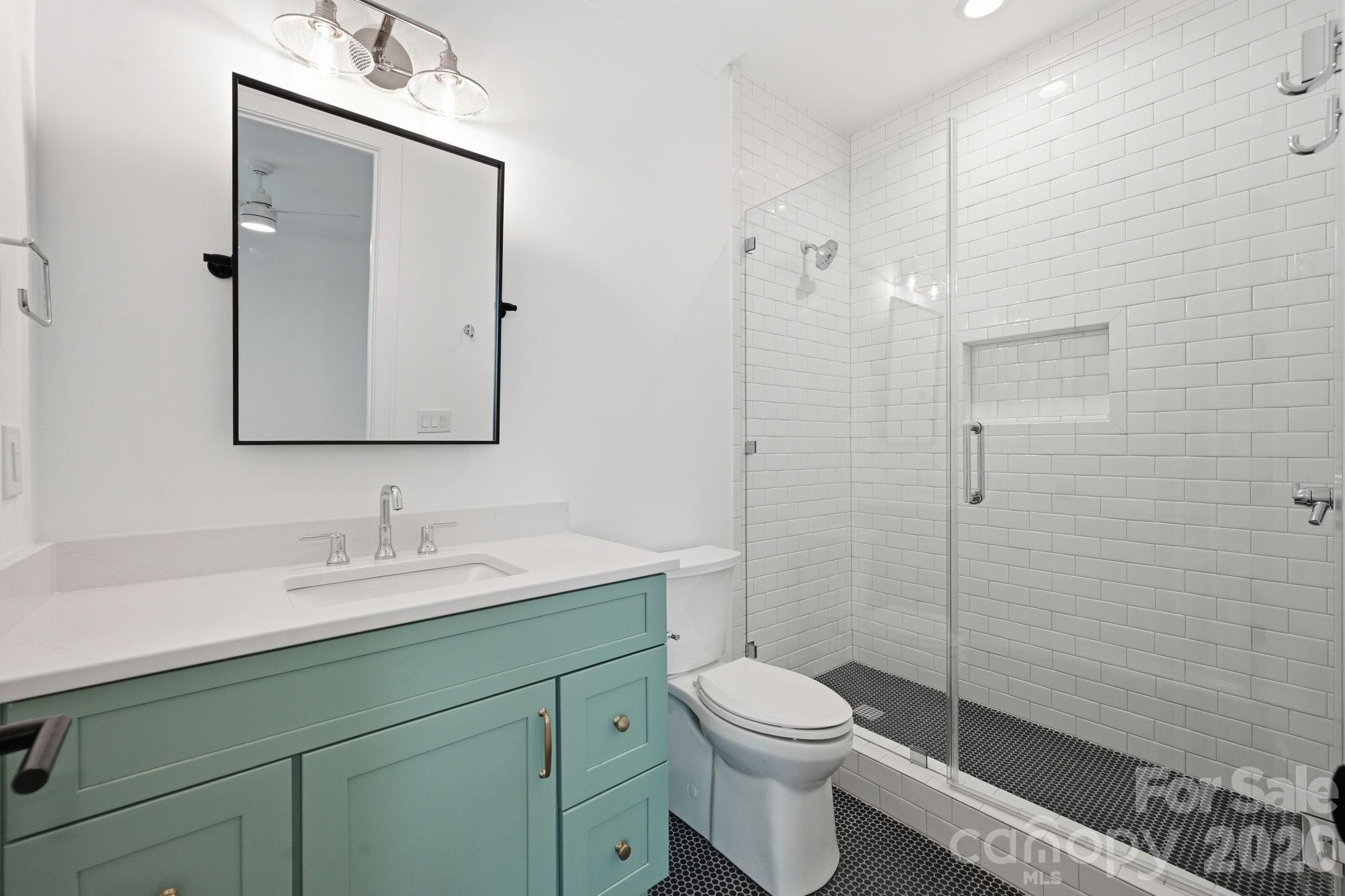 610 Walnut Street Davidson, NC 28036 - Photo 21 of 33 a bathroom with a toilet a sink a glass door a shower and a mirror