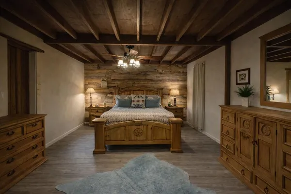 a spacious bedroom with a bed and a flat tv screen on dresser