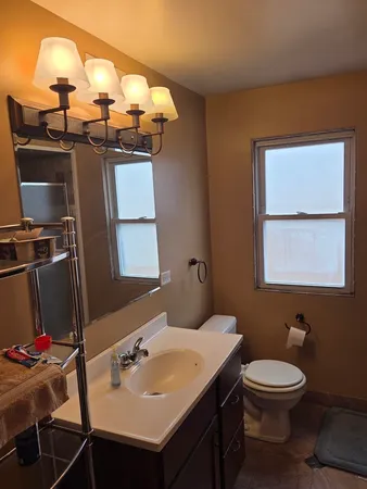 a bathroom with a sink a toilet and mirror
