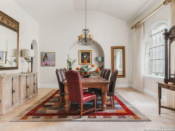 a view of a dining room with furniture