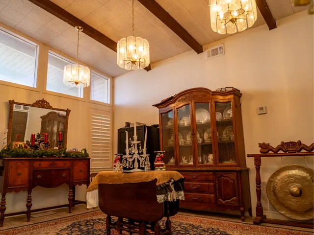 a view of a dining room with furniture