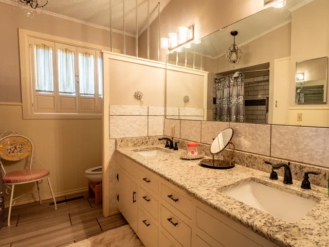 a bathroom with a granite countertop sink a toilet and shower