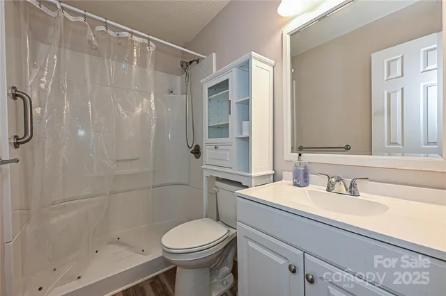 a bathroom with a sink a toilet and shower