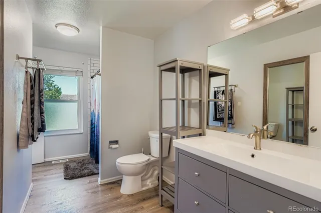 a bathroom with a double vanity sink toilet and shower